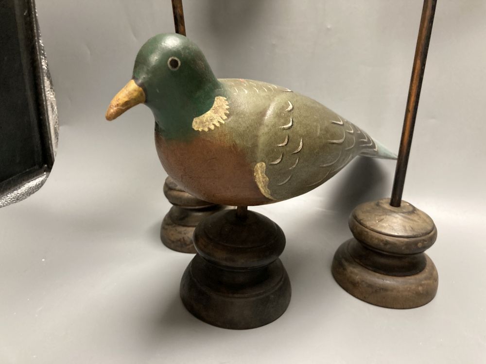 Two painted decoy wading birds on stands and a pigeon on stand, tallest 50cm